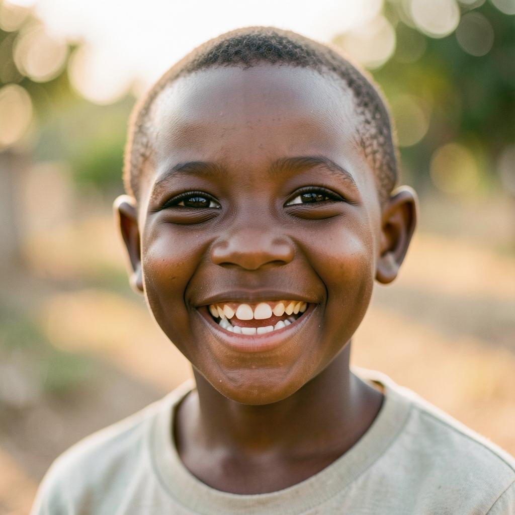 A smiling child supported by Queensworld Foundation